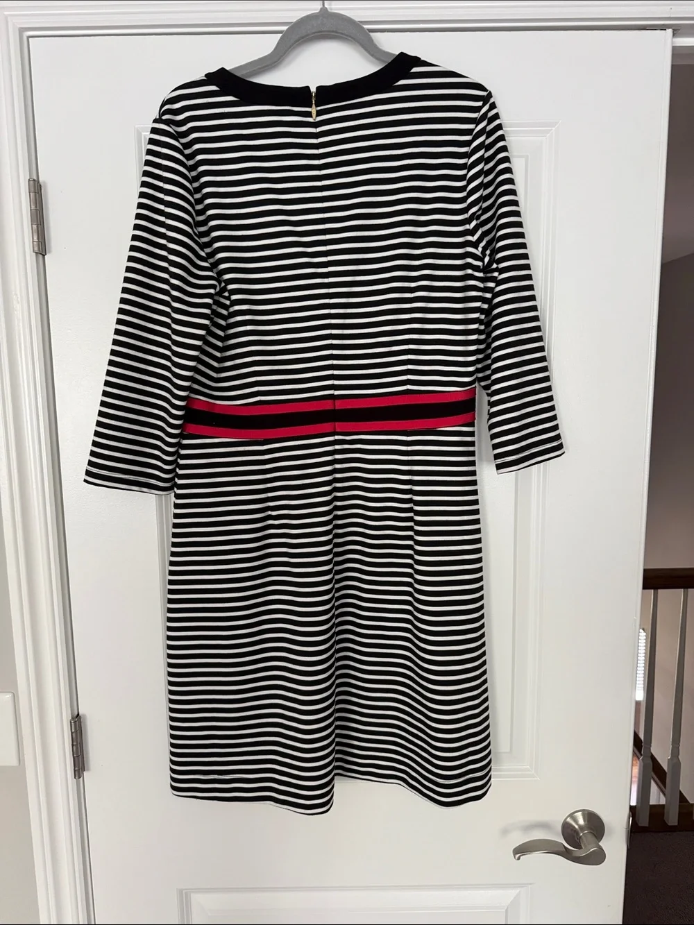 Draper James Women’s Black & White Striped Dress with Red Waist Band